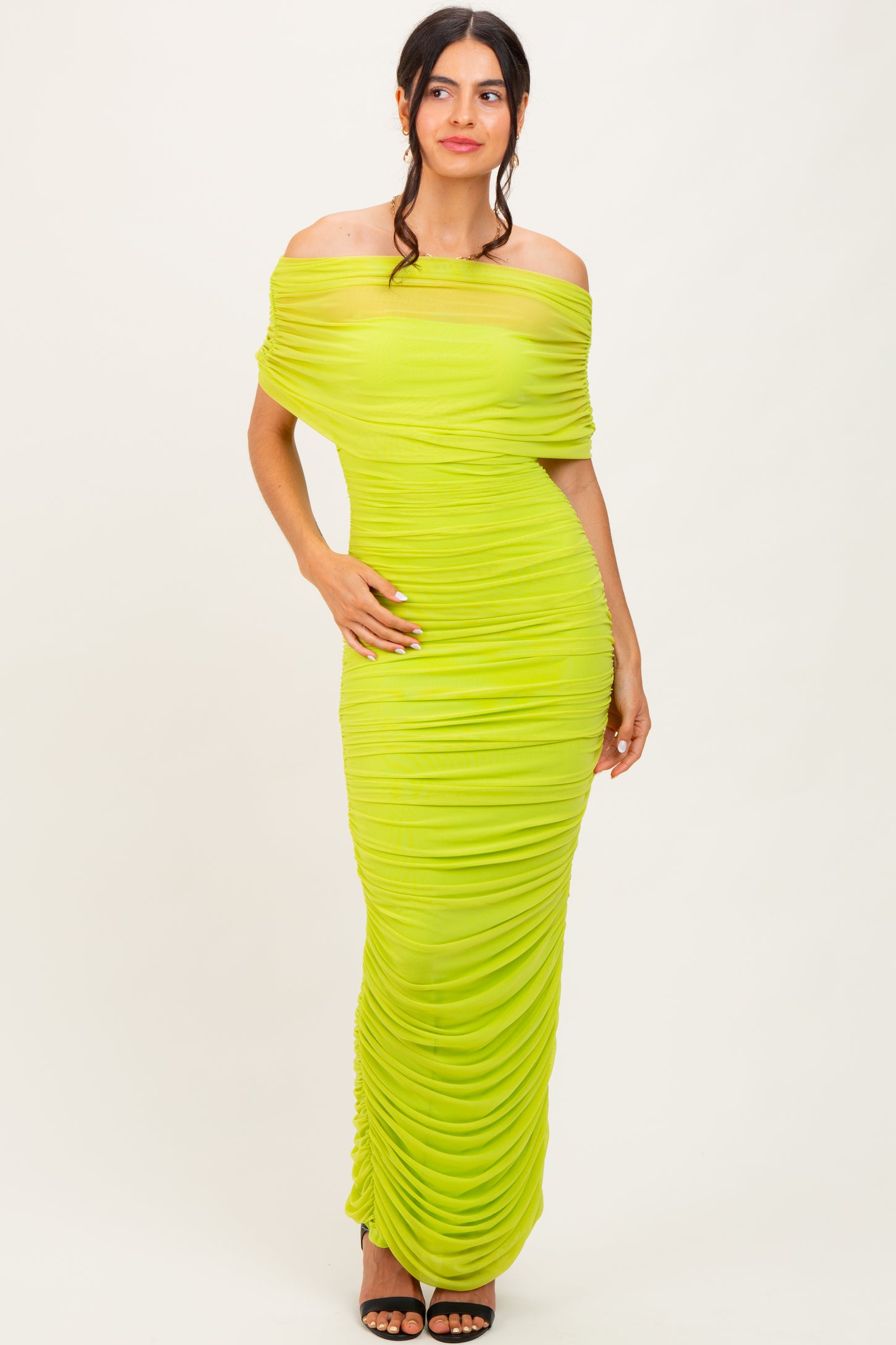 Lime Ruched Mesh Foldover Off Shoulder Maxi Dress