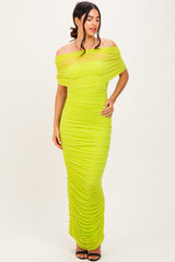 Lime Ruched Mesh Foldover Off Shoulder Maxi Dress