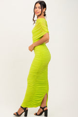 Lime Ruched Mesh Foldover Off Shoulder Maxi Dress