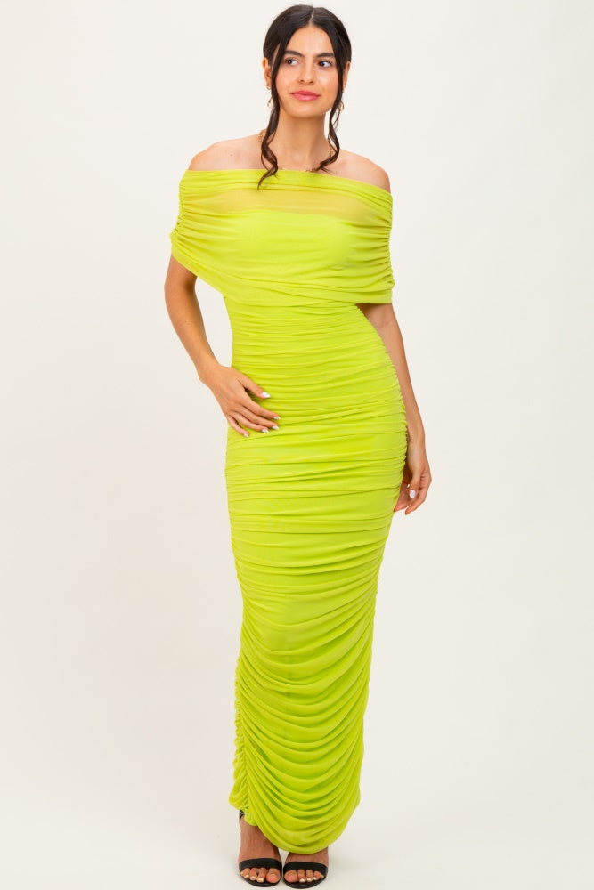 Lime Ruched Mesh Foldover Off Shoulder Maternity Maxi Dress