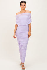 Lavender Ruched Mesh Foldover Off Shoulder Maxi Dress