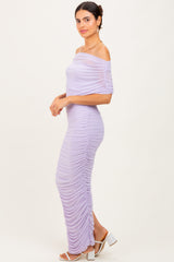 Lavender Ruched Mesh Foldover Off Shoulder Maxi Dress