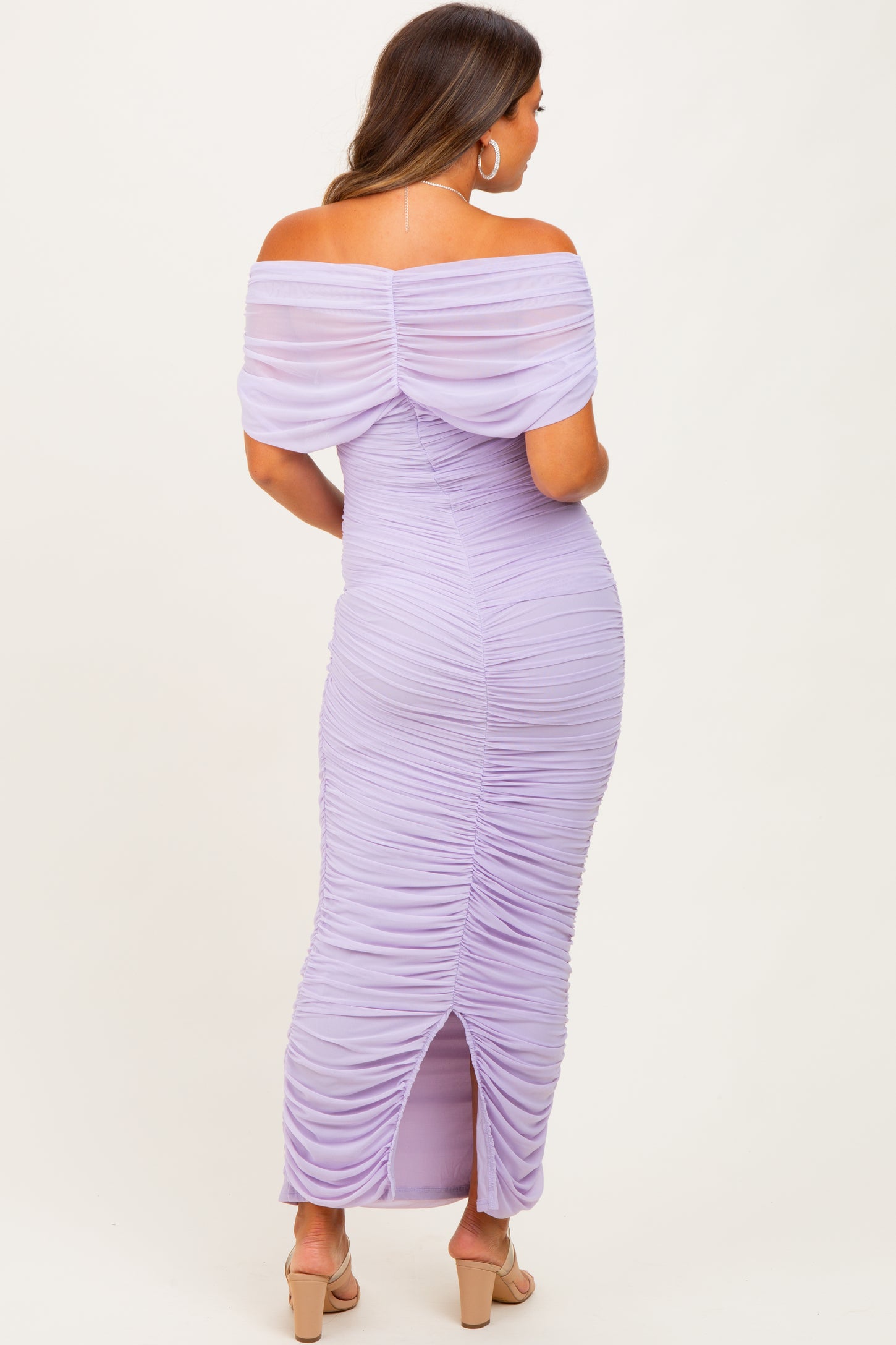 Lavender Ruched Mesh Foldover Off Shoulder Maternity Maxi Dress