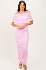 Light Pink Ruched Mesh Foldover Off Shoulder Maternity Maxi Dress