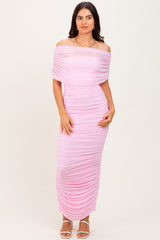 Light Pink Ruched Mesh Foldover Off Shoulder Maxi Dress