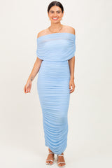 Light Blue Ruched Mesh Foldover Off Shoulder Maxi Dress