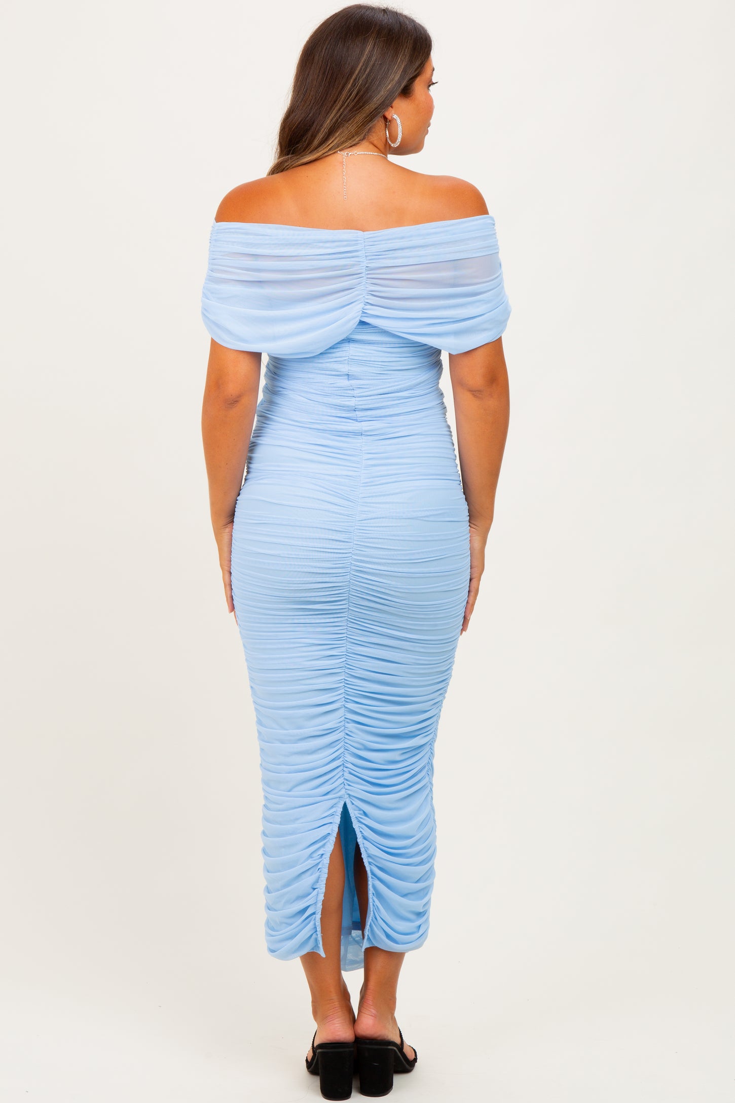 Light Blue Ruched Mesh Foldover Off Shoulder Maternity Maxi Dress