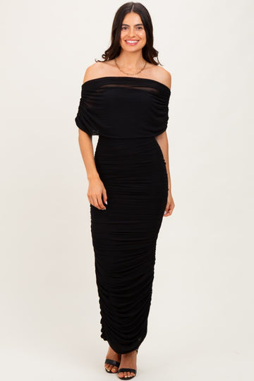 Black Ruched Mesh Foldover Off Shoulder Maxi Dress