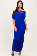 Royal Ruched Mesh Foldover Off Shoulder Maxi Dress