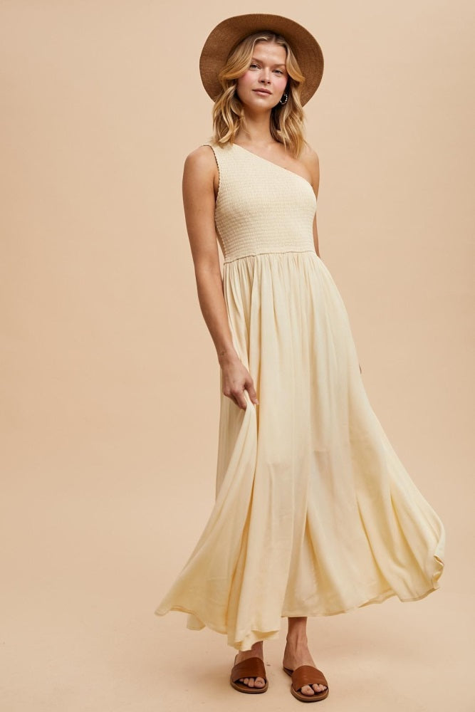 Cream Smocked One Shoulder Maxi Dress
