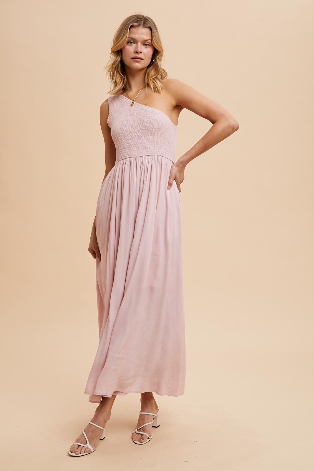 Light Pink Smocked One Shoulder Maxi Dress