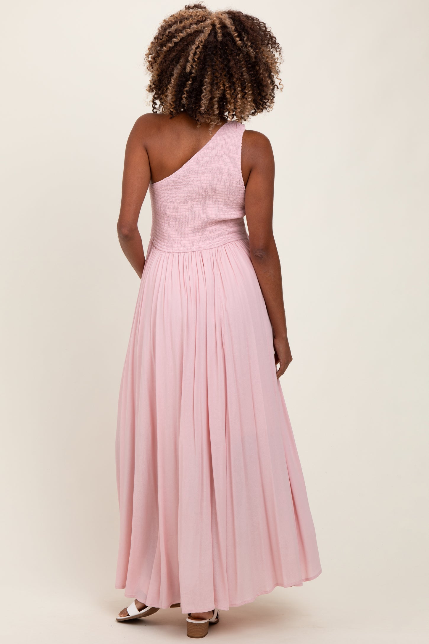 Light Pink Smocked One Shoulder Maternity Maxi Dress