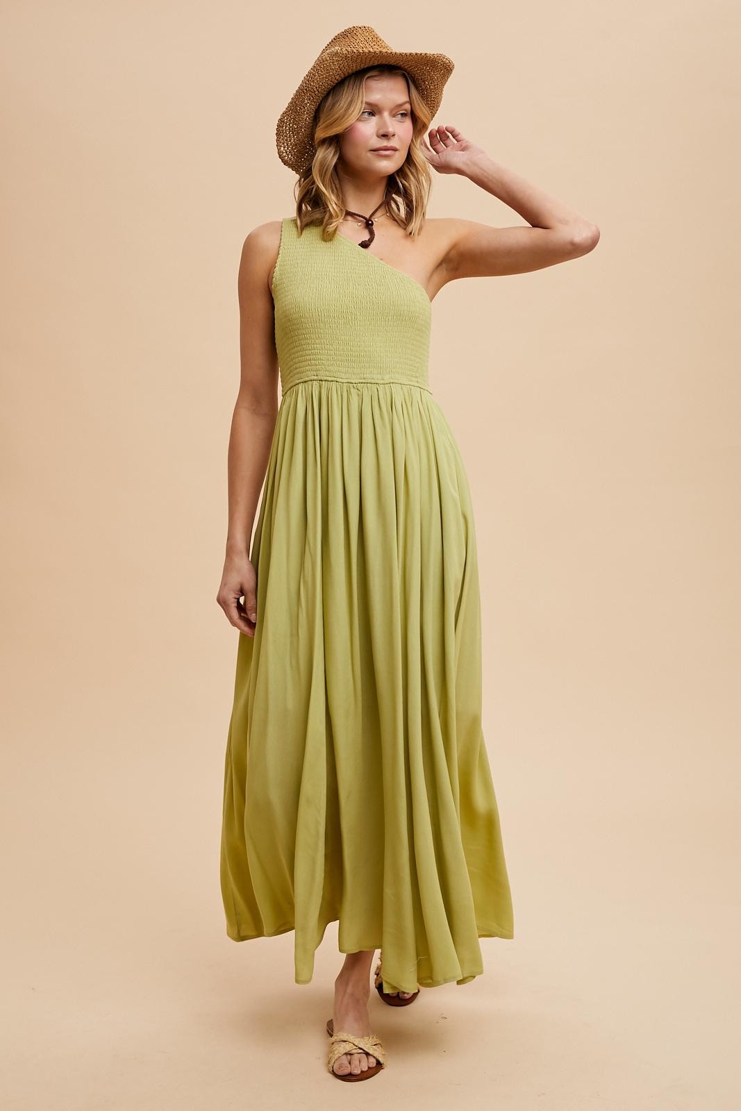 Green Smocked One Shoulder Maternity Maxi Dress