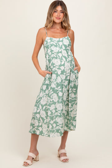 Light Olive Floral Sleeveless Maternity Midi Dress