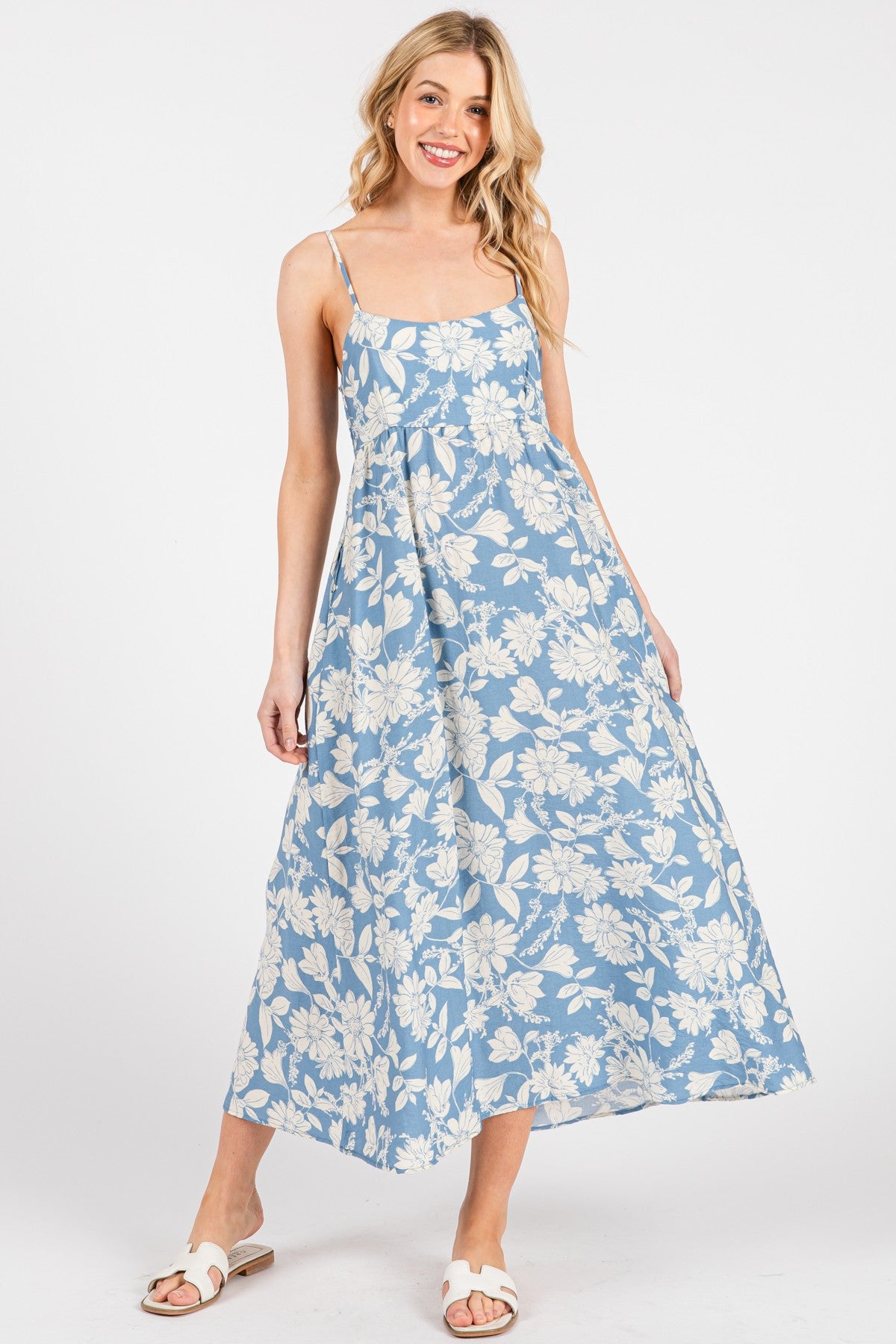 Blue Floral Sleeveless Midi Dress