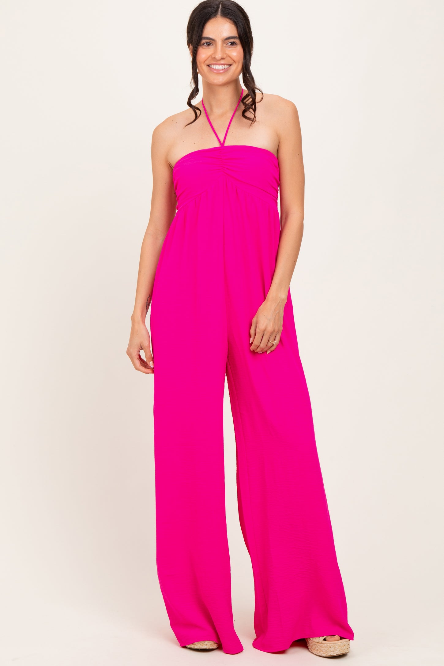 Fuchsia Halter Neck Wide Leg Jumpsuit
