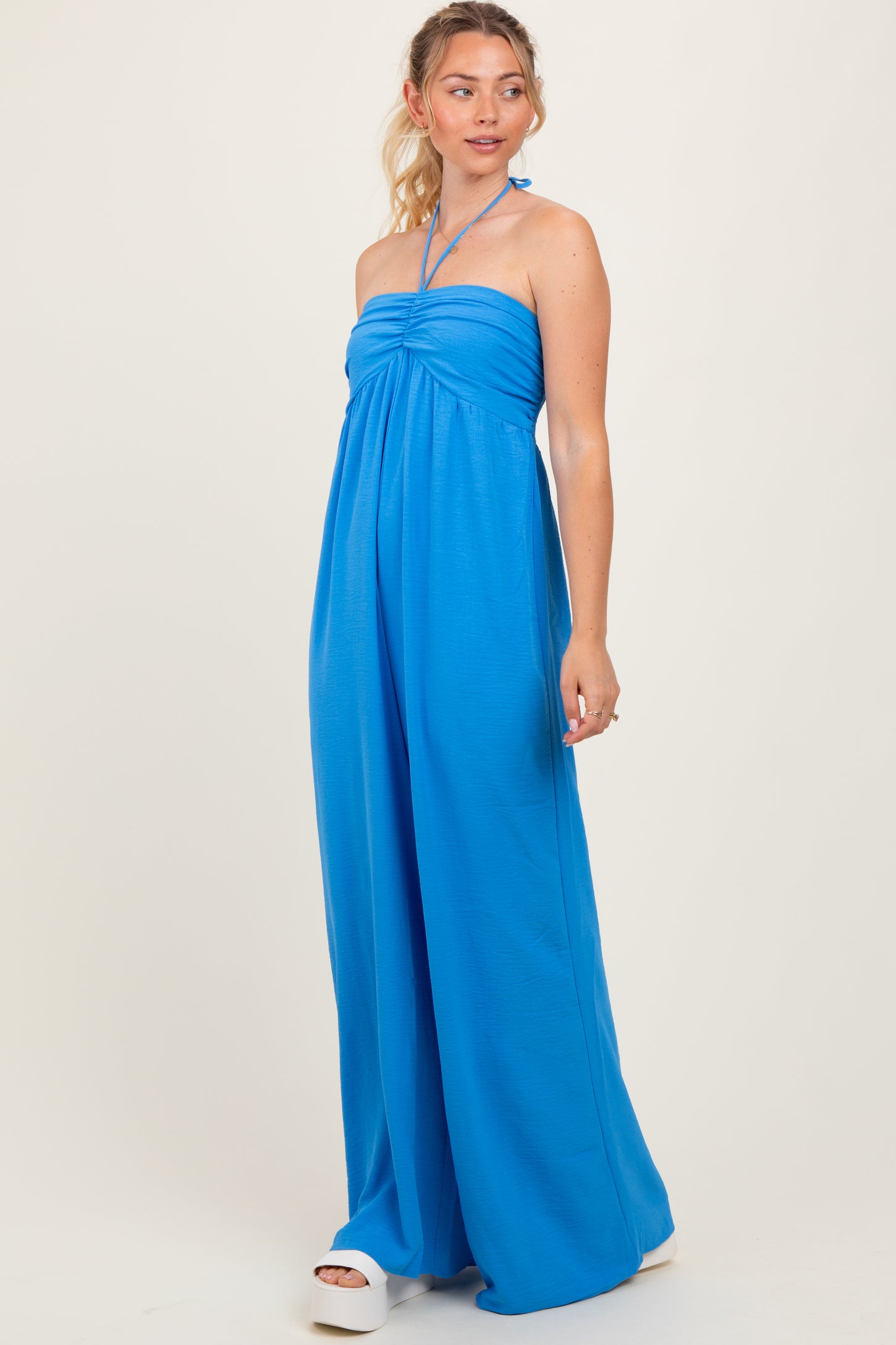 Blue Halter Neck Wide Leg Jumpsuit