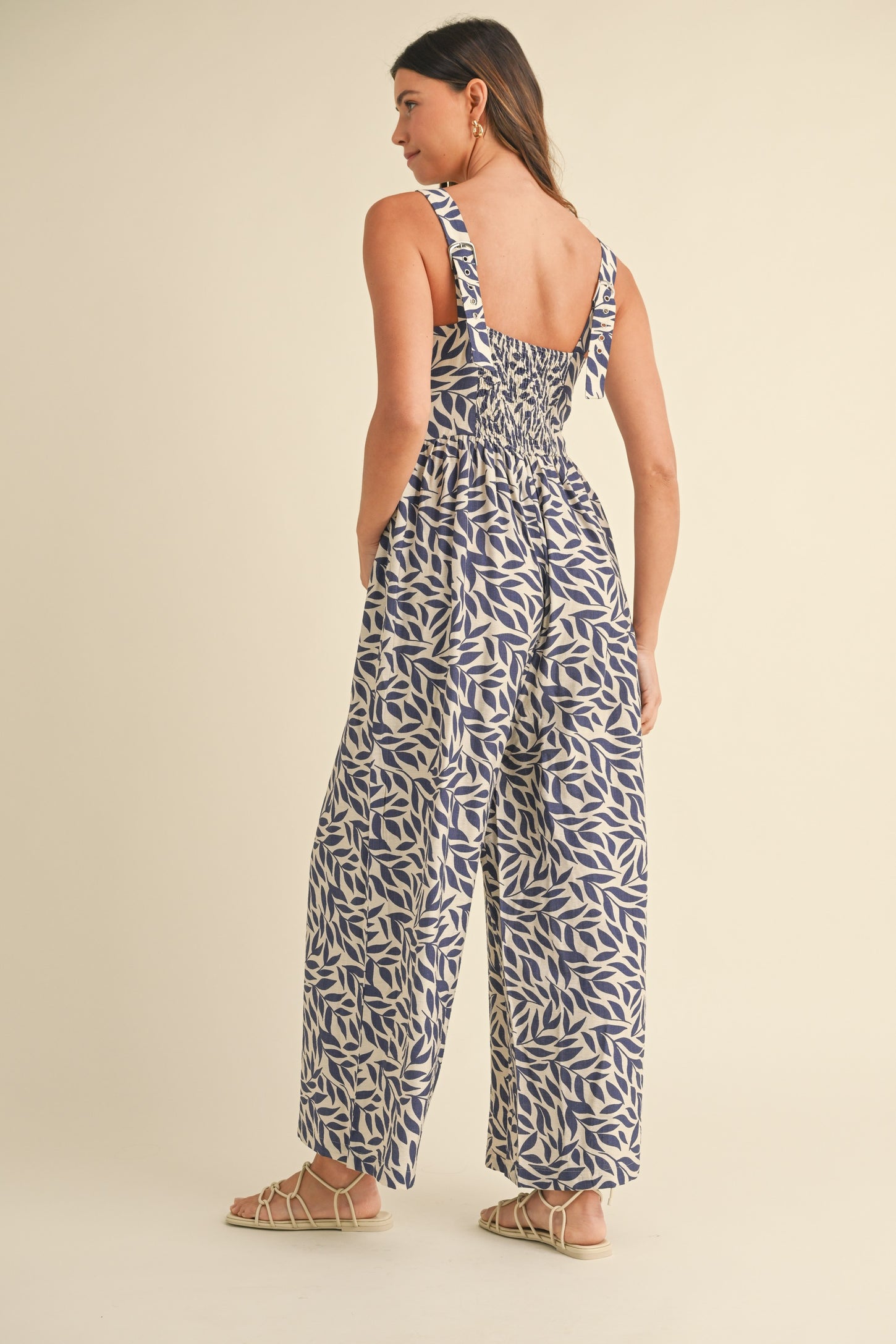 Navy Leaf Print Buckle Strap Wide Leg Jumpsuit
