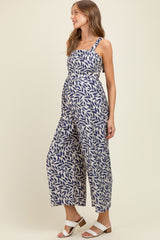 Navy Leaf Print Buckle Strap Wide Leg Maternity Jumpsuit