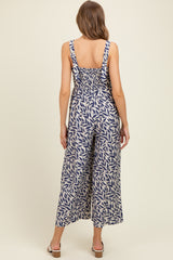 Navy Leaf Print Buckle Strap Wide Leg Maternity Jumpsuit