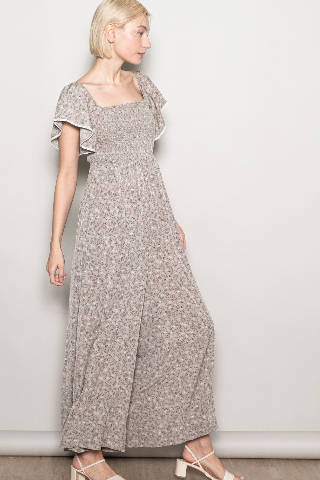 Light Taupe Floral Smocked Lace Trim Wide Leg Jumpsuit