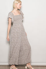 Light Taupe Floral Smocked Lace Trim Wide Leg Jumpsuit
