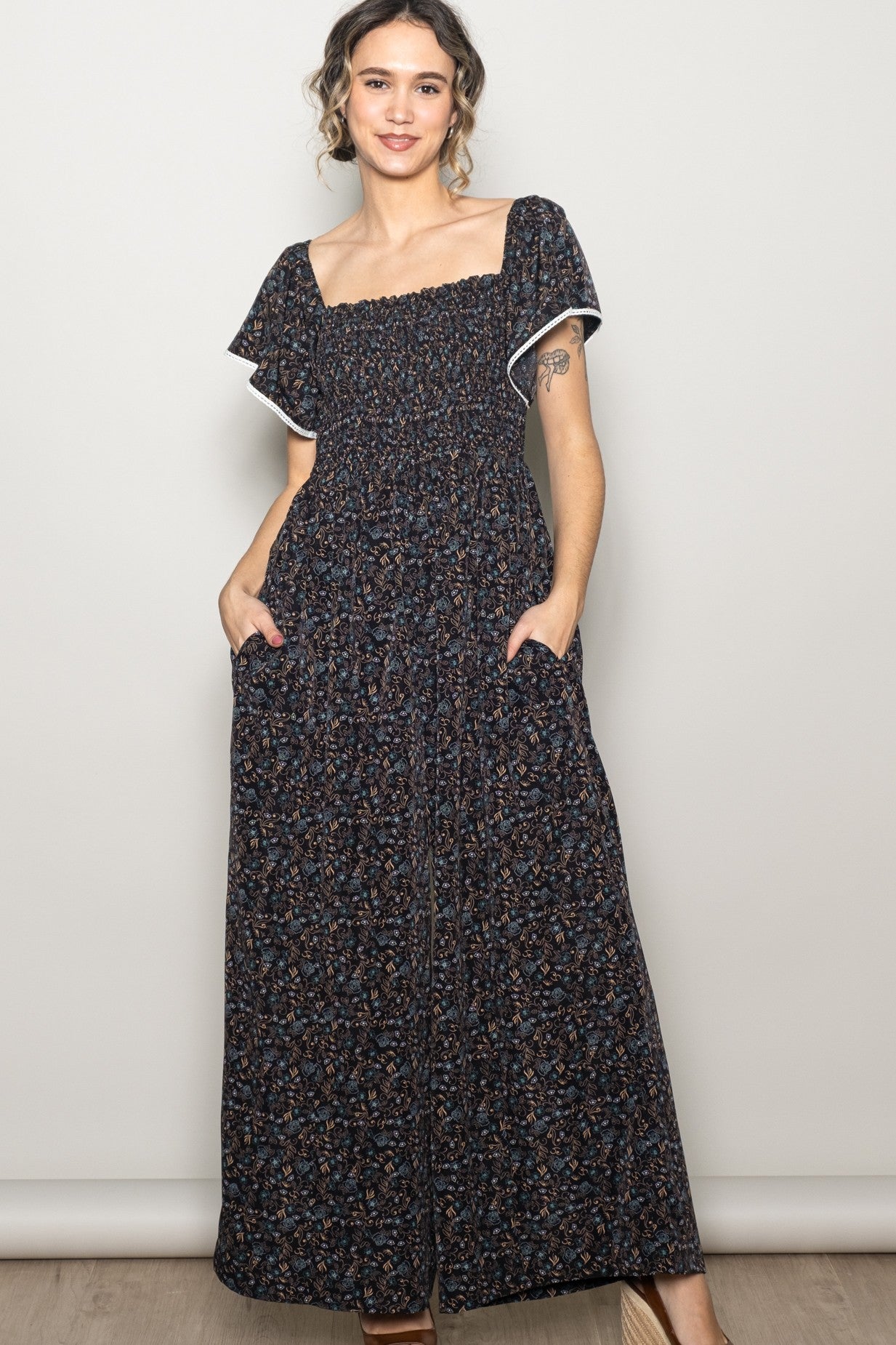 Black Floral Smocked Lace Trim Wide Leg Jumpsuit
