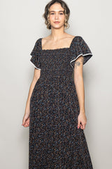 Black Floral Smocked Lace Trim Wide Leg Jumpsuit