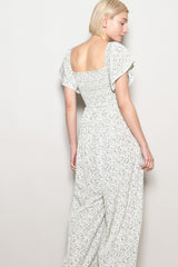 Ivory Floral Smocked Lace Trim Wide Leg Jumpsuit