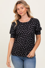 Black Floral Ribbed Puff Sleeve Maternity Top