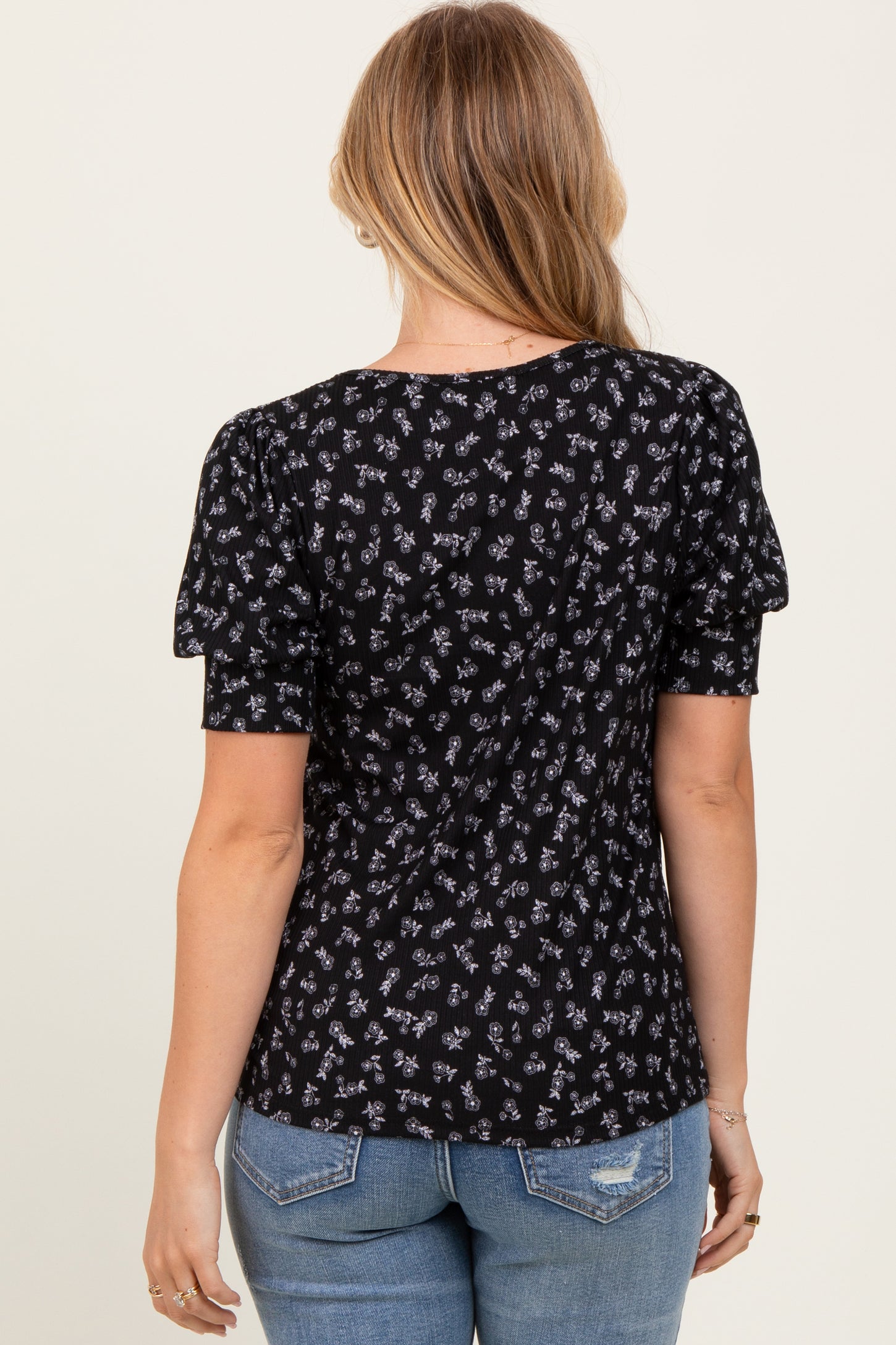 Black Floral Ribbed Puff Sleeve Top