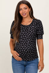 Black Floral Ribbed Puff Sleeve Maternity Top