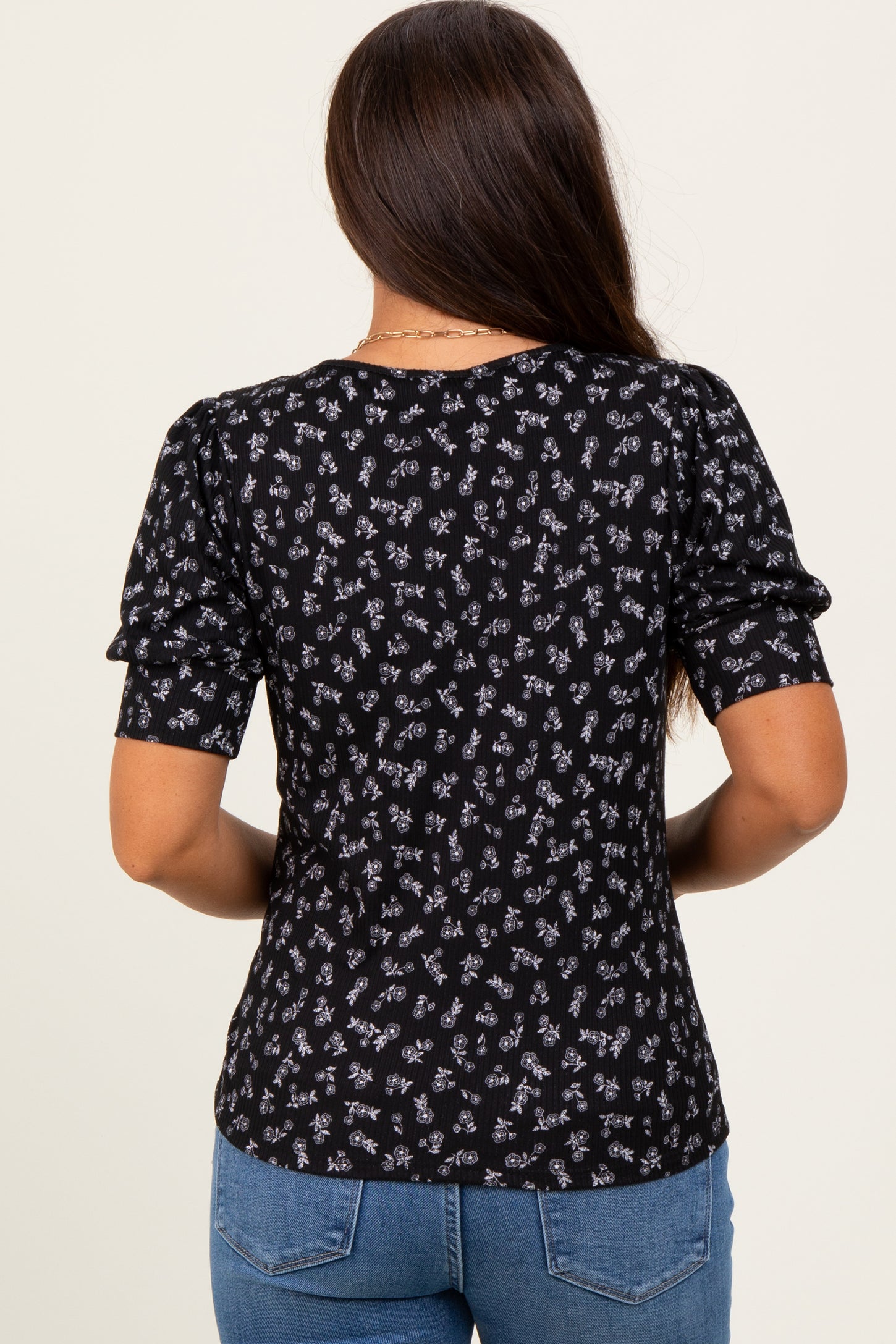 Black Floral Ribbed Puff Sleeve Maternity Top