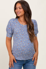 Blue Floral Ribbed Puff Sleeve Maternity Top
