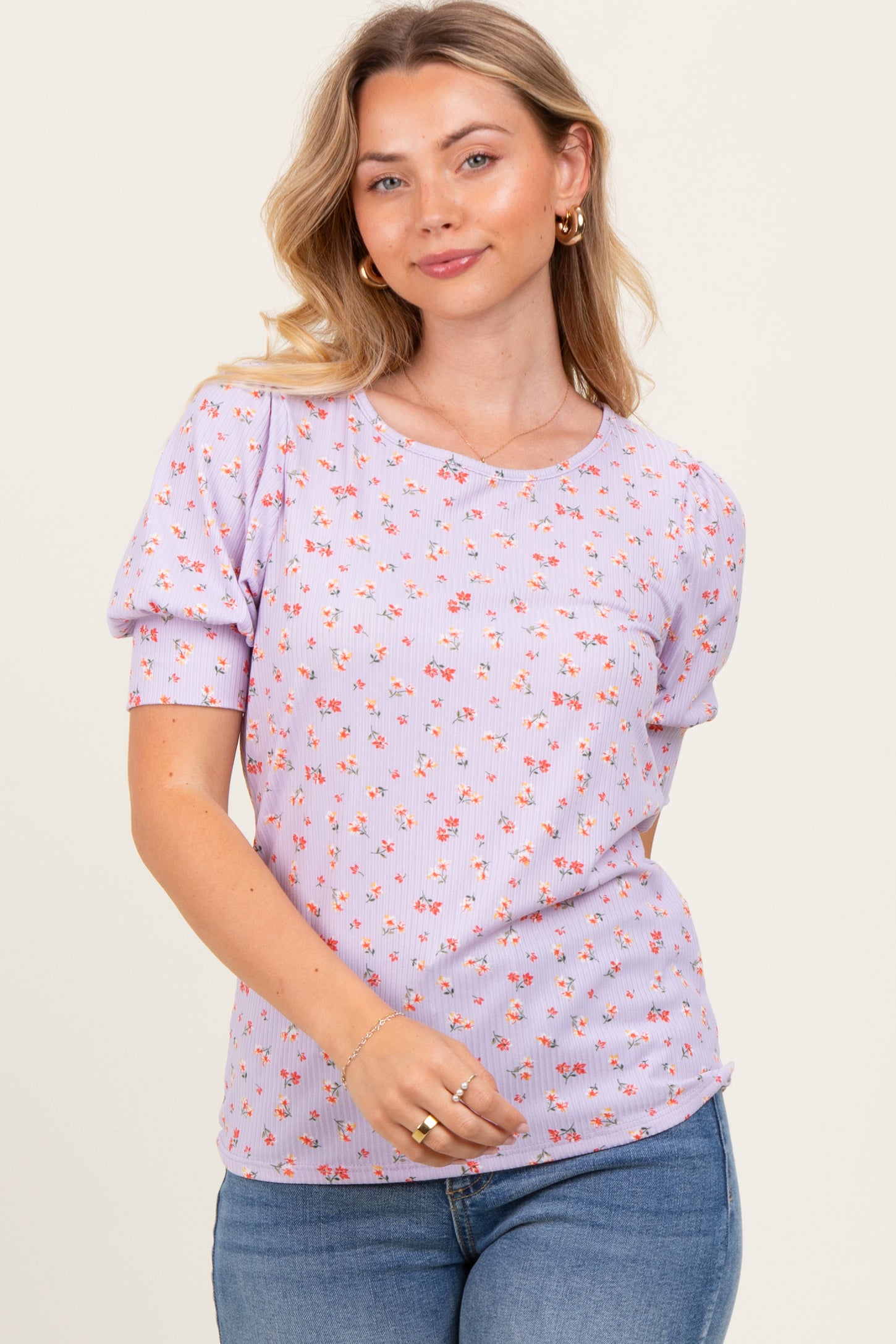 Lavender Floral Ribbed Puff Sleeve Top