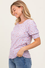 Lavender Floral Ribbed Puff Sleeve Top