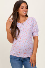 Lavender Floral Ribbed Puff Sleeve Maternity Top