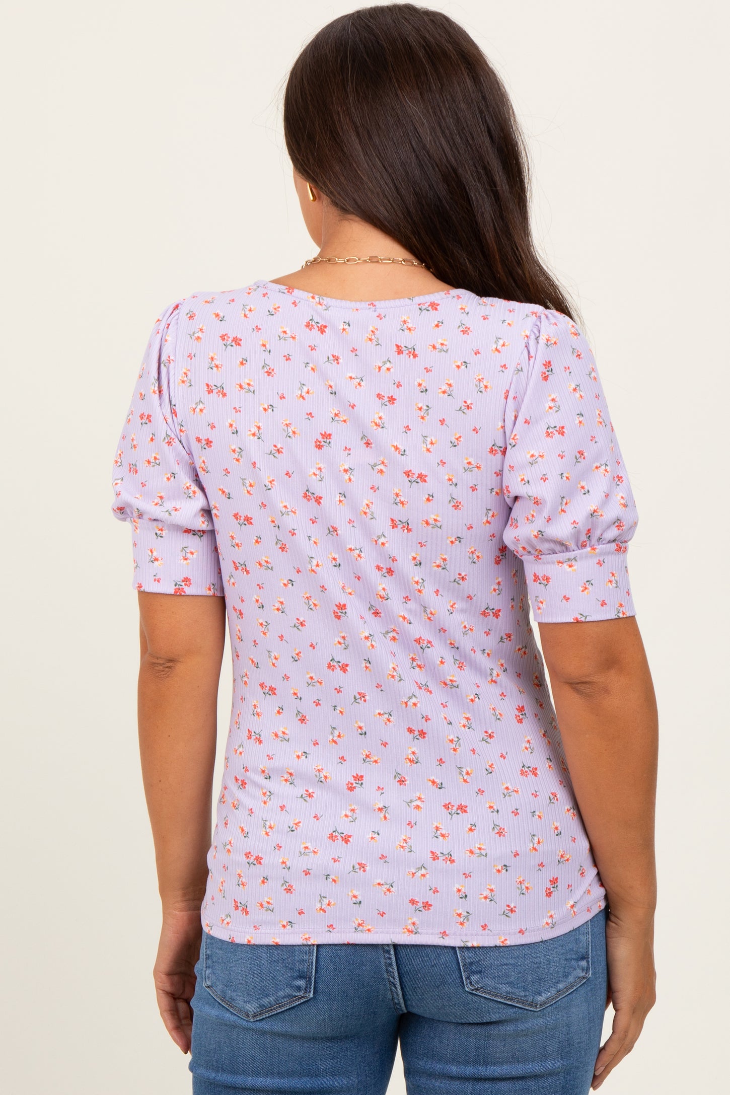 Lavender Floral Ribbed Puff Sleeve Maternity Top