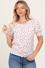 White Floral Ribbed Puff Sleeve Top