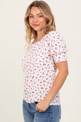 White Floral Ribbed Puff Sleeve Top