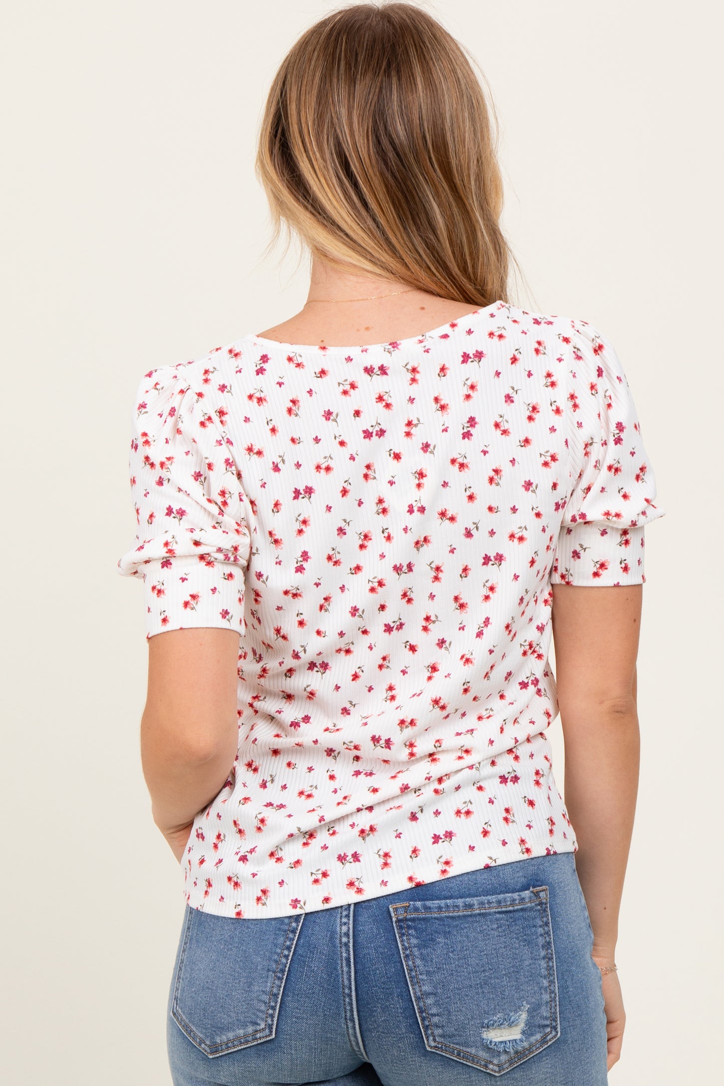 White Floral Ribbed Puff Sleeve Top
