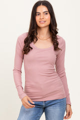 Mauve Ribbed Ruched Long Sleeve Top