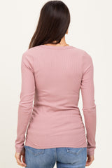 Mauve Ribbed Ruched Long Sleeve Top