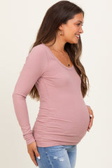 Mauve Ribbed Ruched Maternity Long Sleeve Top