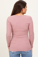 Mauve Ribbed Ruched Maternity Long Sleeve Top