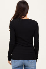 Black Ribbed Ruched Long Sleeve Top