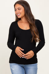 Black Ribbed Ruched Maternity Long Sleeve Top