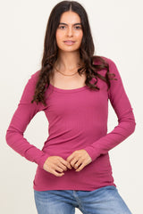 Magenta Ribbed Ruched Long Sleeve Top