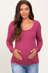 Magenta Ribbed Ruched Maternity Long Sleeve Top