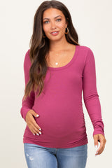 Magenta Ribbed Ruched Maternity Long Sleeve Top